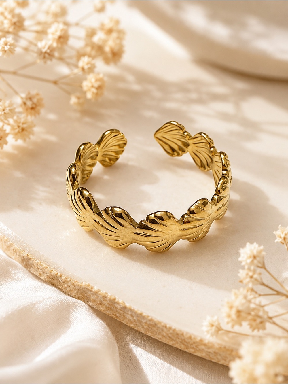 Gold Plated Shell Pattern Open Cuff Ring - Size 6 Adjustable